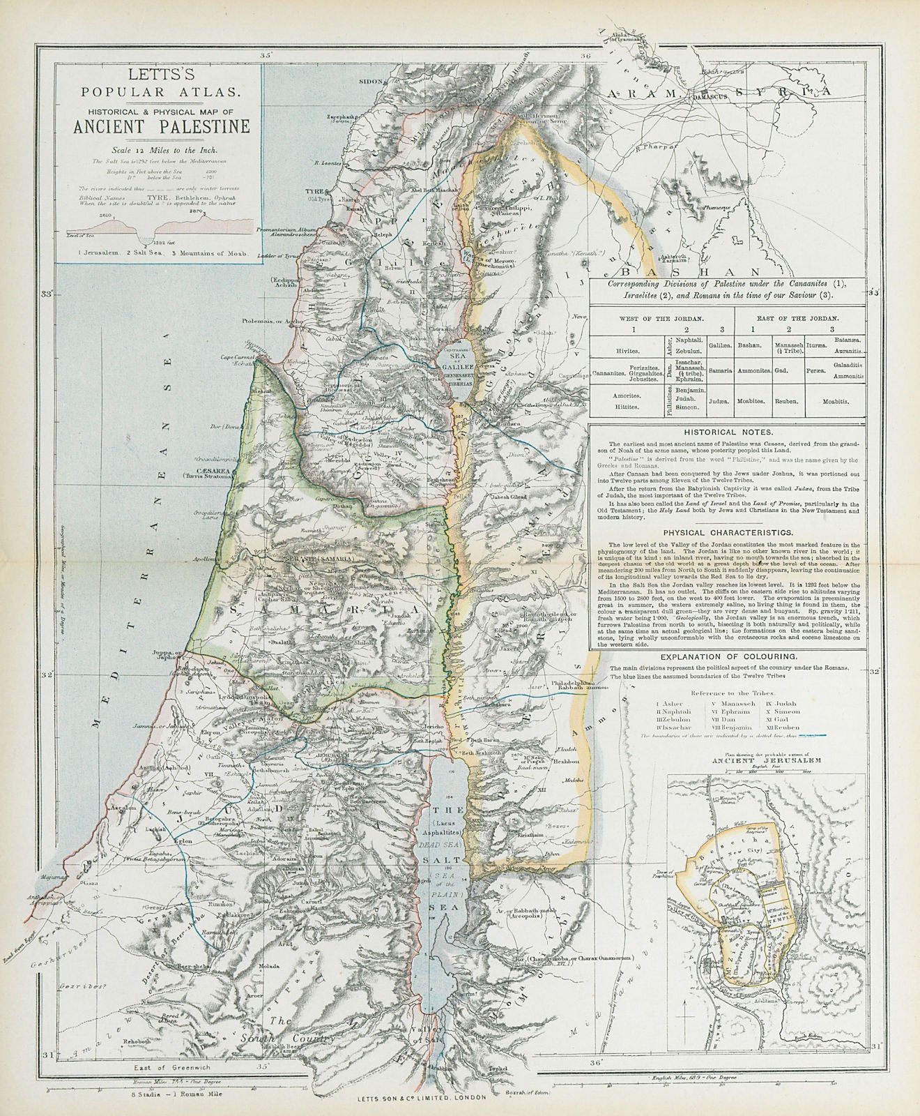 ANCIENT PALESTINE Samaria Galilee Pera Judaea. Ancient Jerusalem. LETTS 1883 map
